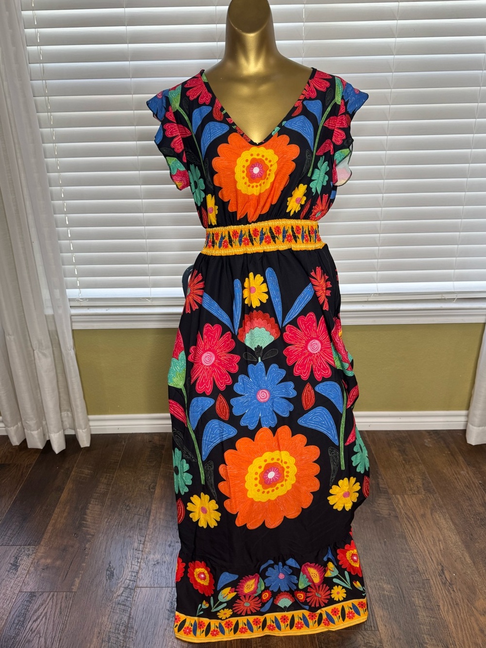 Black Floral Maxi Dress with Bright Multicolor Blooms